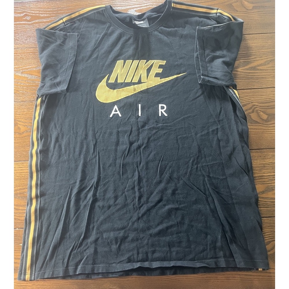 Nike Air Black T-Shirt Gold Striped Trim Track Shirt Top L BV3068-010